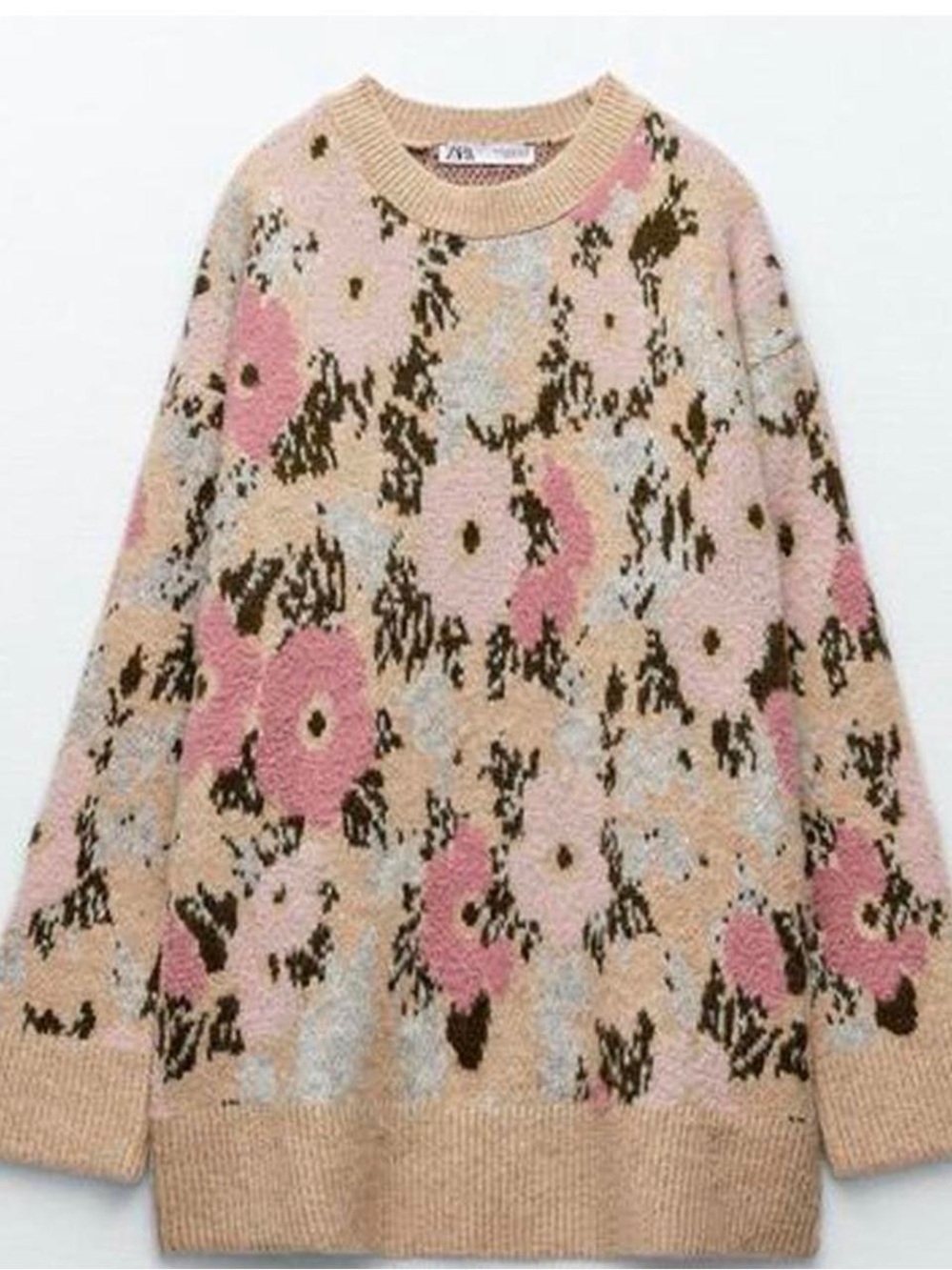 Zara Jacquard Knit Floral Oversized Relaxed Fit Crewneck Sweater Sz Small
